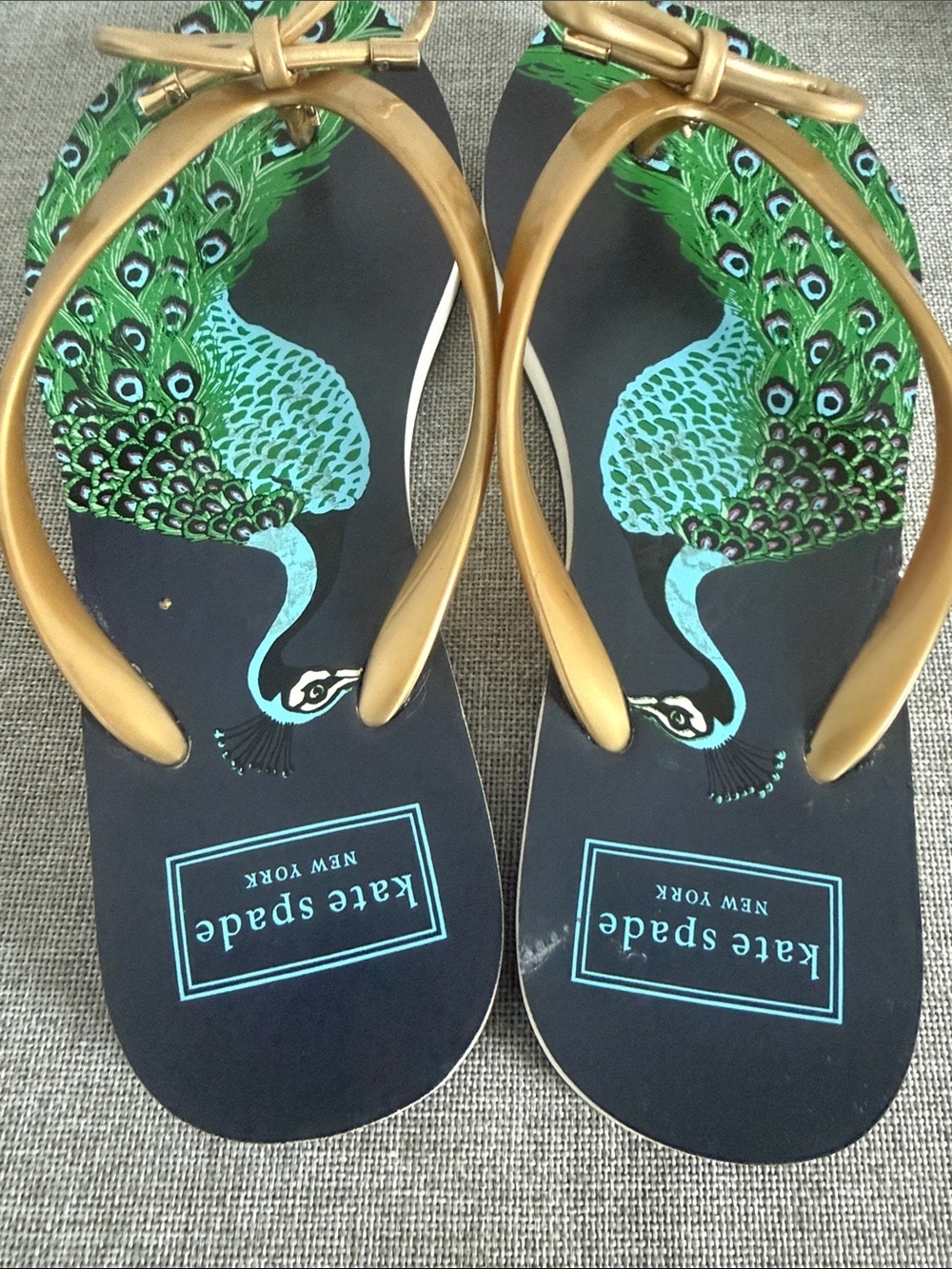 kate spade navy sandals with gold straps and green peacock print - Picture 6 of 8